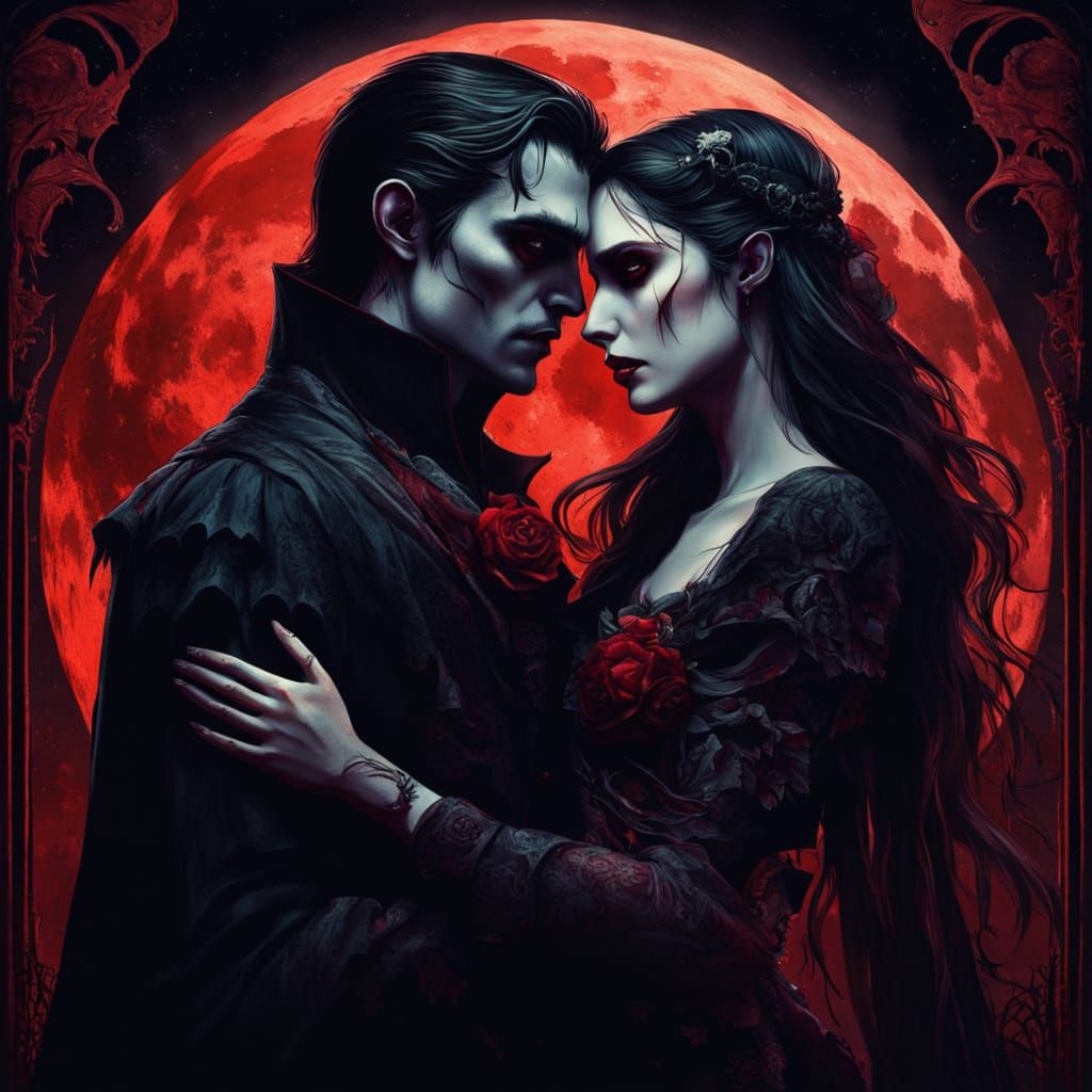Vampire Embrace Under Blood Moon: Dark Fantasy Art