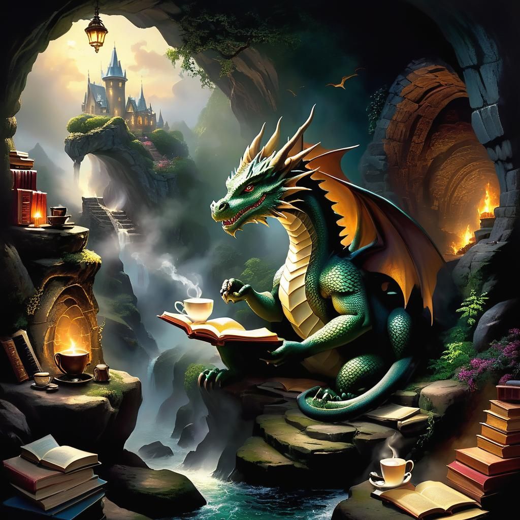 Dragon Reading with Tea in Book Hoard