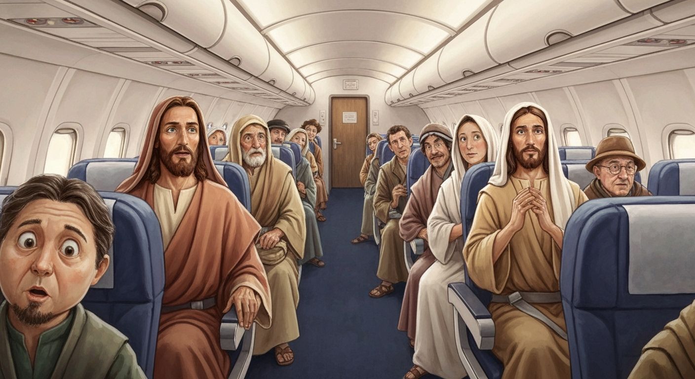 Biblical Figures on an Airplane, Illustrative Style