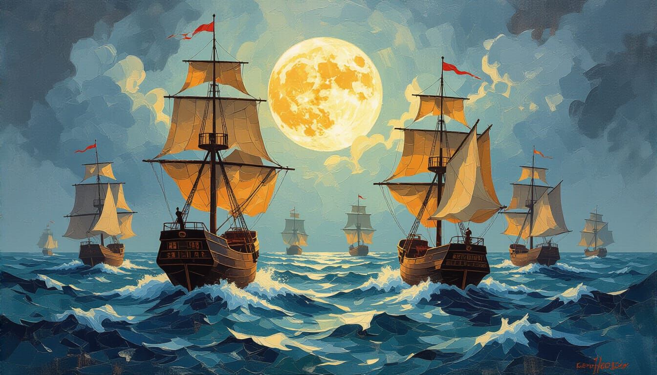 Detailed Ships on Stormy Seas, Embossed Textured Paint Style