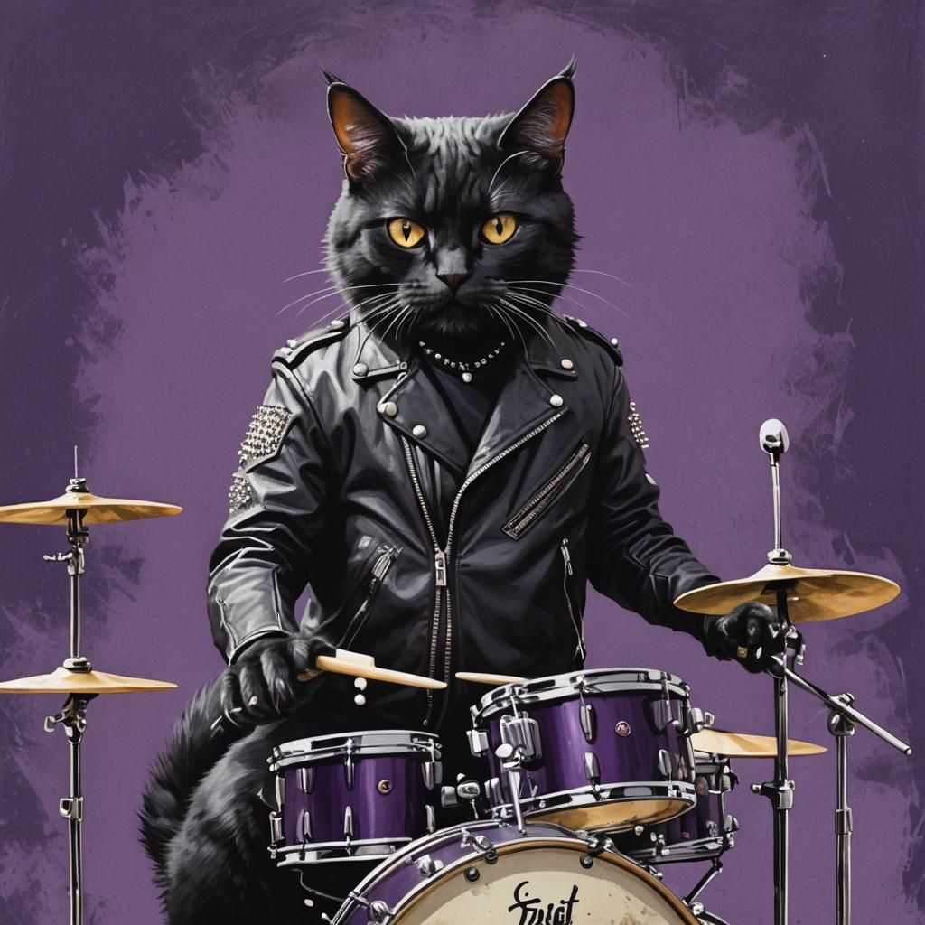 Cat Drummer in Leather Jacket, Sinister Digital Art