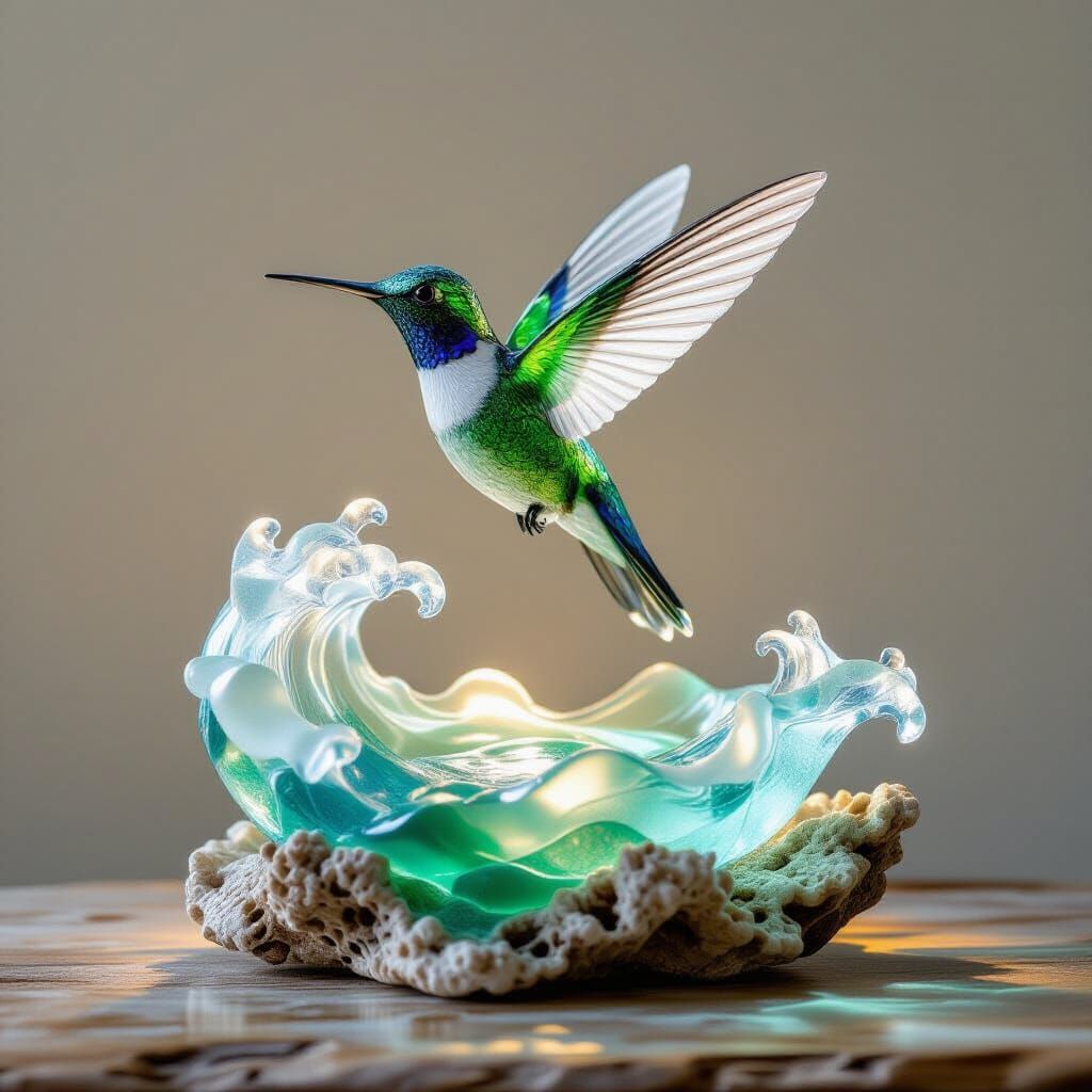 Sea Glass Hummingbird Sculpture in Flight