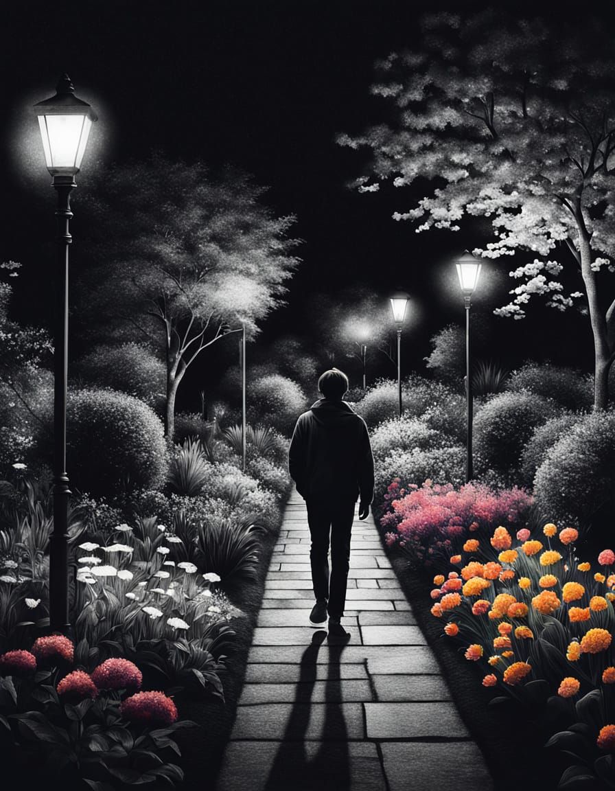 Hyperrealistic Charcoal Portrait in a Night Garden