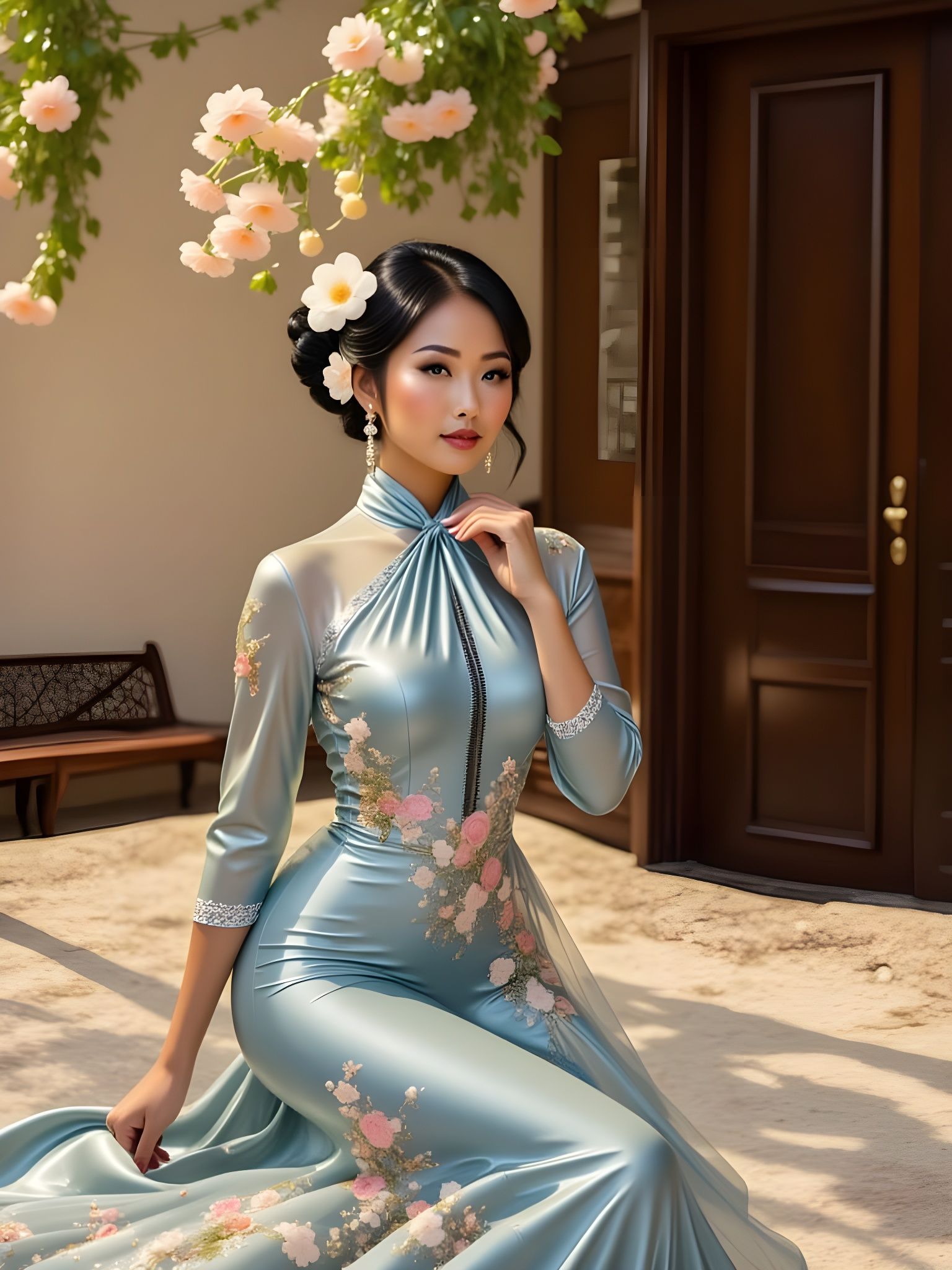 Asian Woman in Qipao Dress in Dreamy Watercolor Style