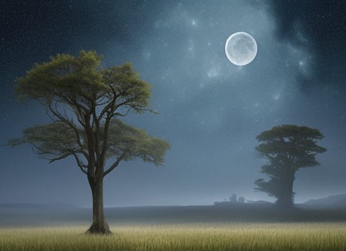 Moonlit Meadow: Single Tree Under Stars