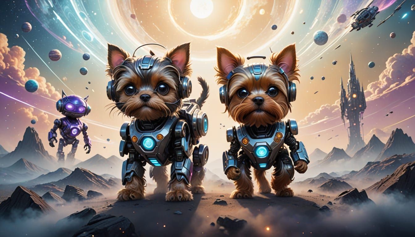 Whimsical Sci-Fi Robots Soar Through Cosmic Sky