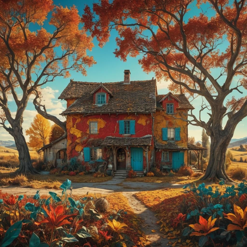 Surreal Sunlit Farmhouse in Multicolored Surrealism Style