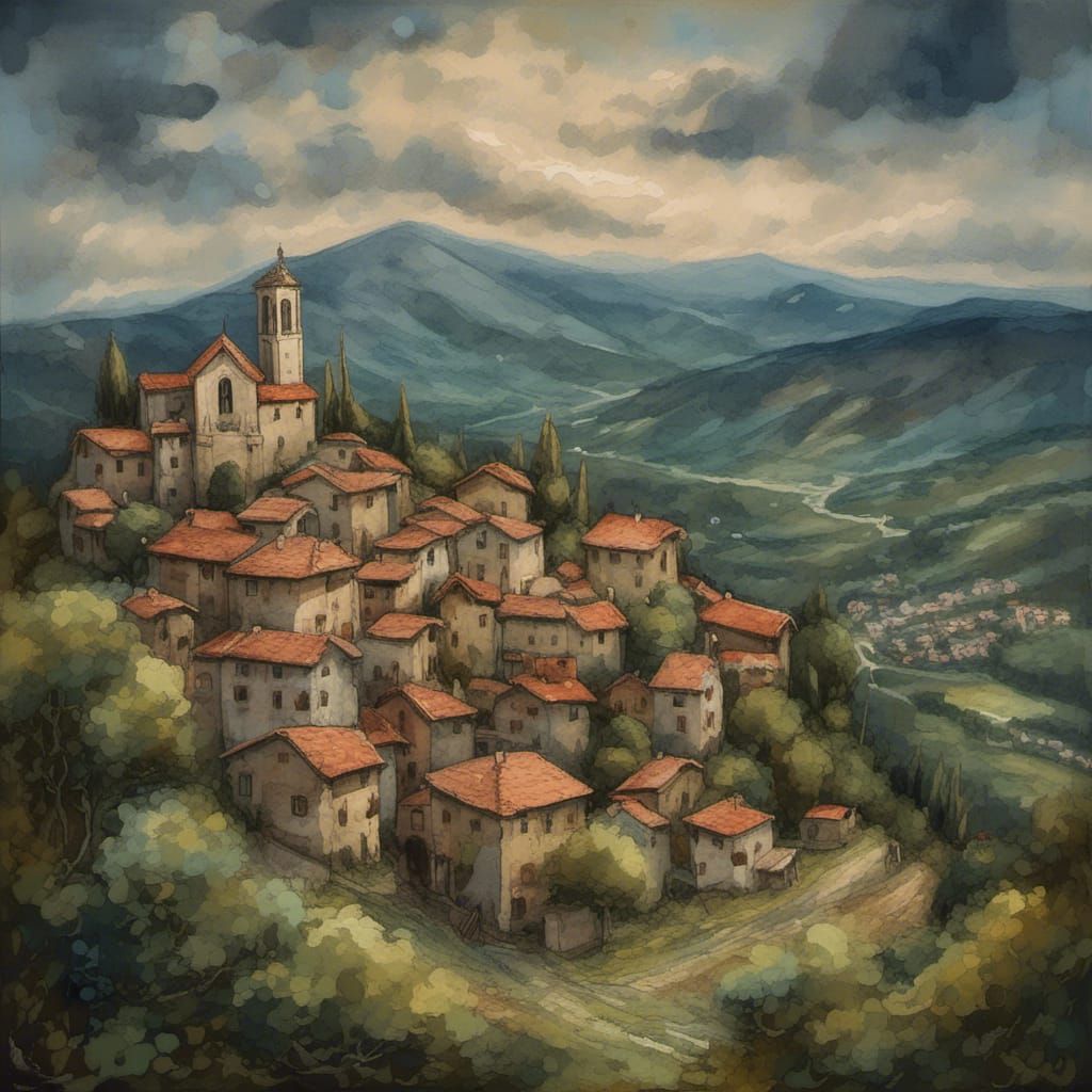 Naive Medieval Town with Flying Monks: Gouache Style
