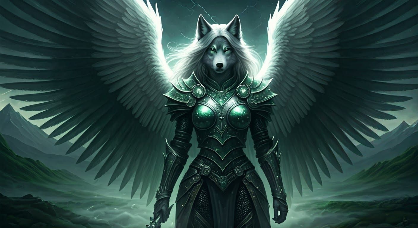 Celestial Aasimar Hybrid Goddess in Ethereal Landscape