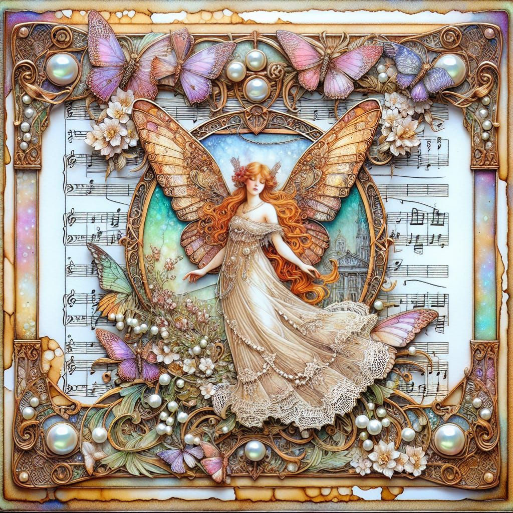 Art Nouveau Angel with Watercolor Music Sheet and Pearls