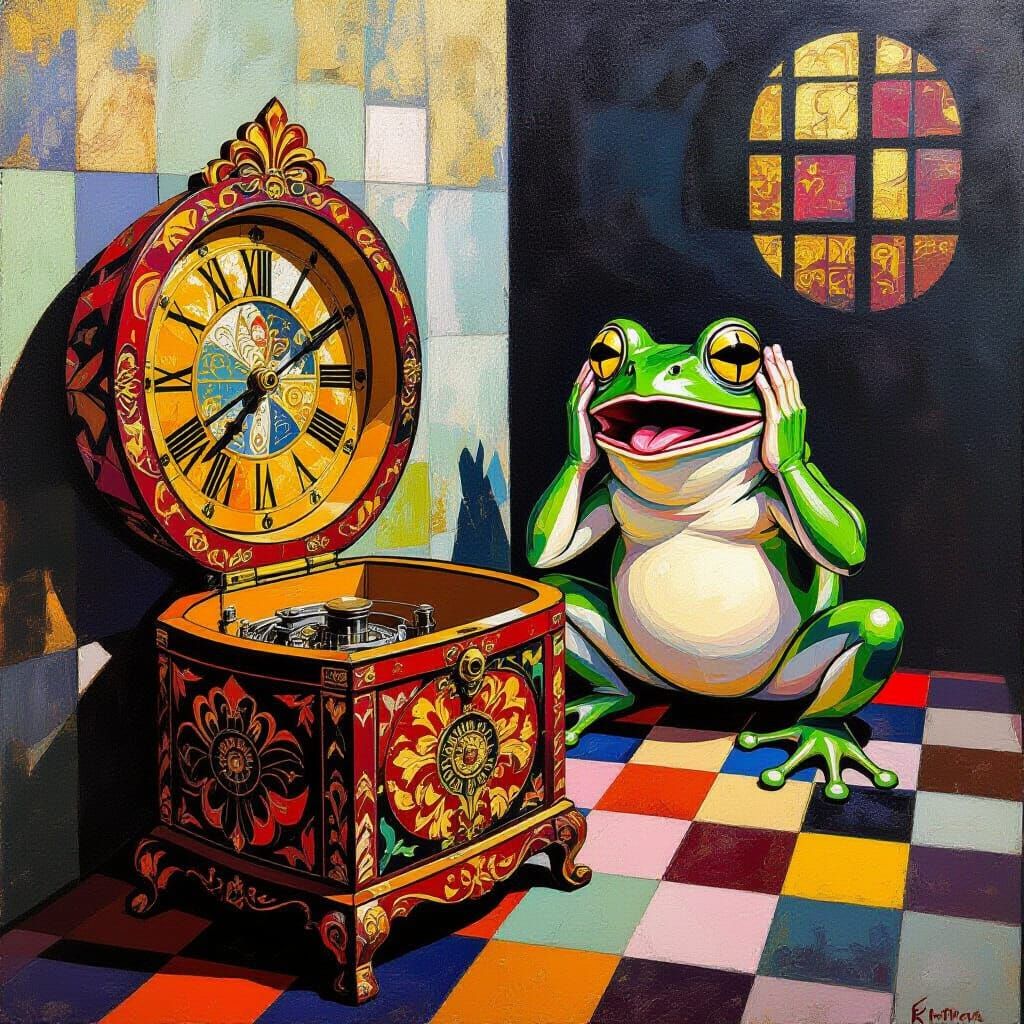 Distressed Frog Trapped with Ornate Music Box in Surreal Jai...