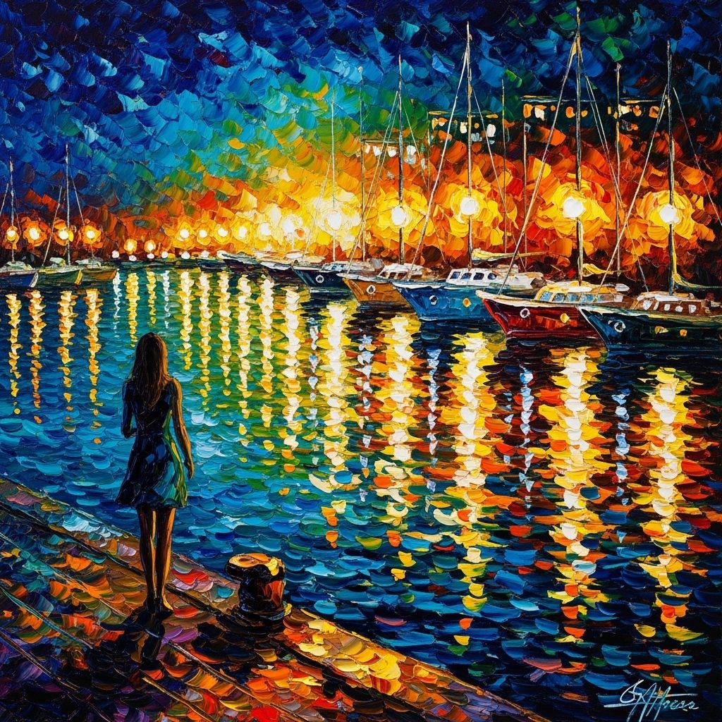 Bustling Night Harbor in Impressionistic Oil Style