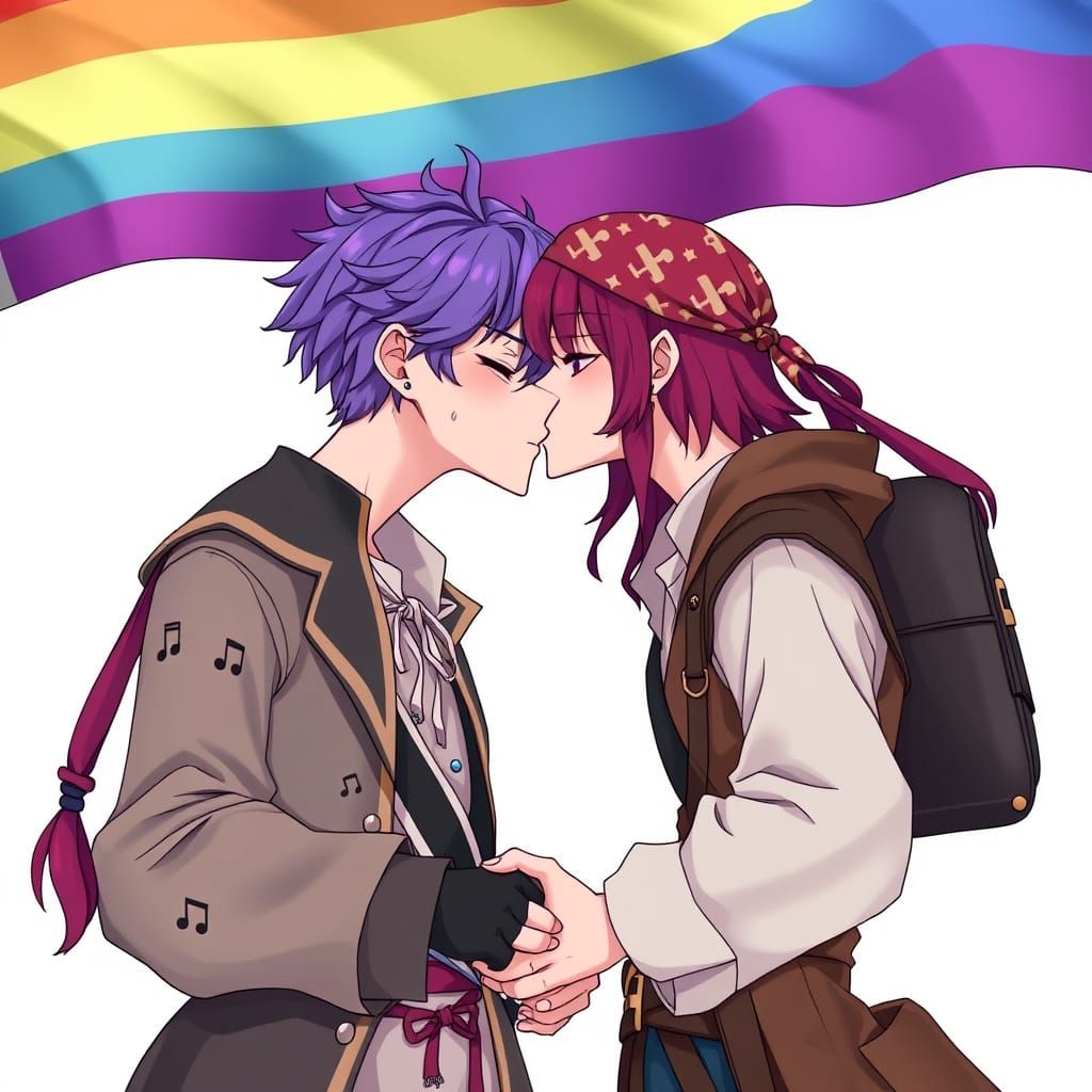 Anime Boys Kissing Under Pride Flag in 3D Style