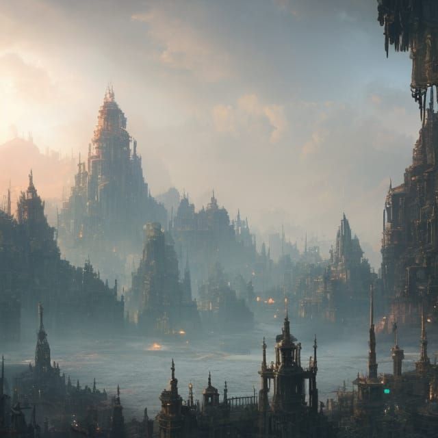 Dieselpunk Palace Overlooking Dystopian Cyberpunk Wasteland