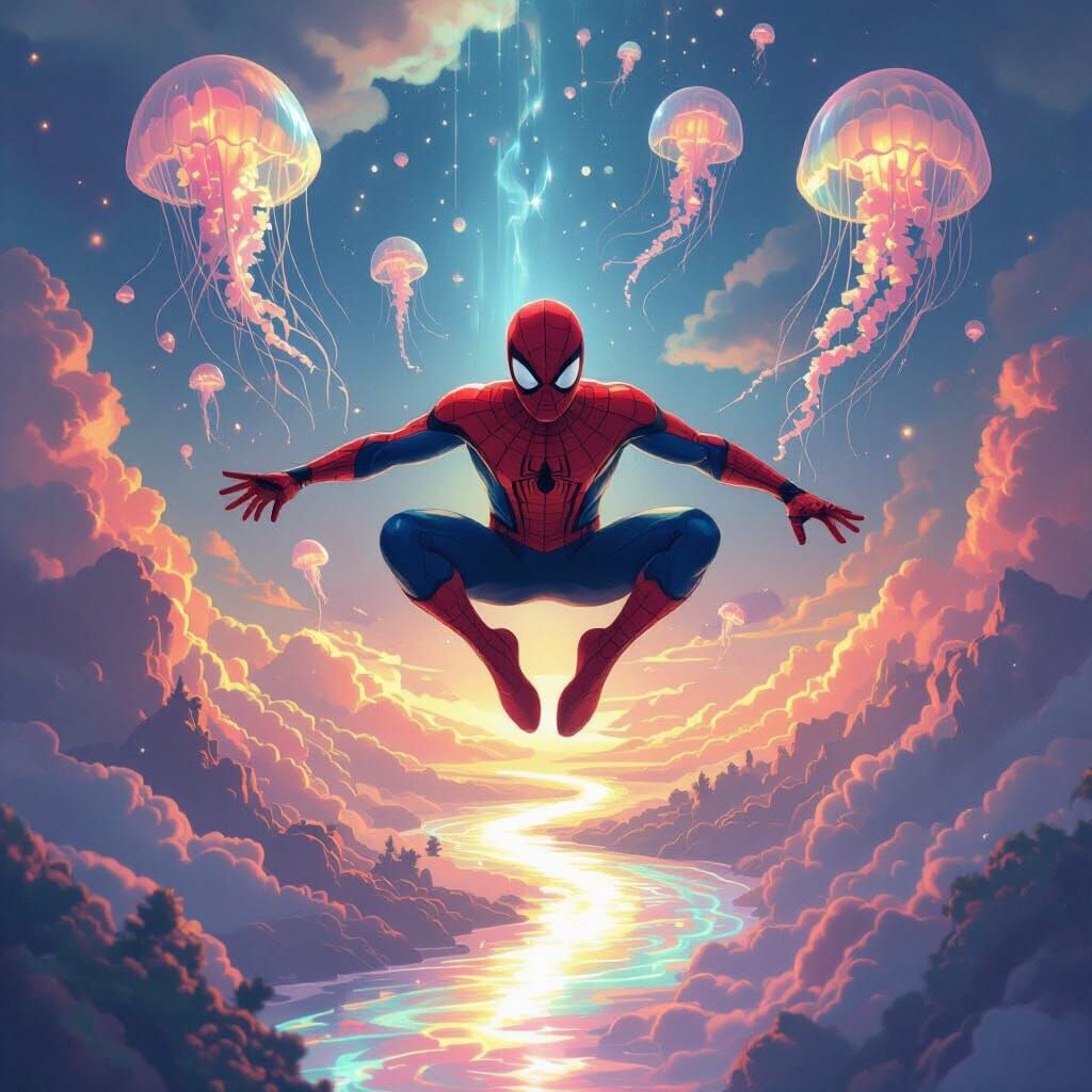 Spider-Man in a Surreal Dreamscape with Rainbow Clouds