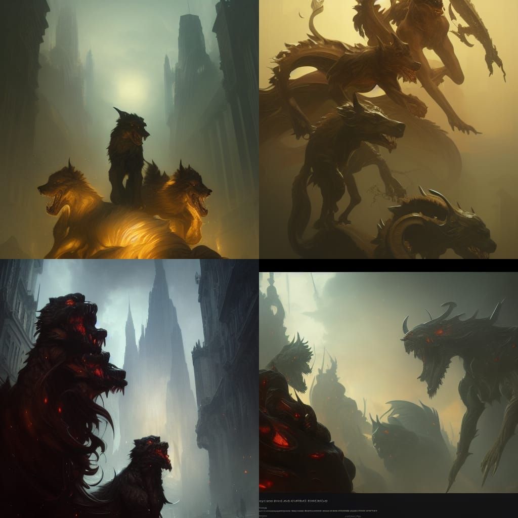 Hyperdetailed Cerberus in Dark Fantasy Style