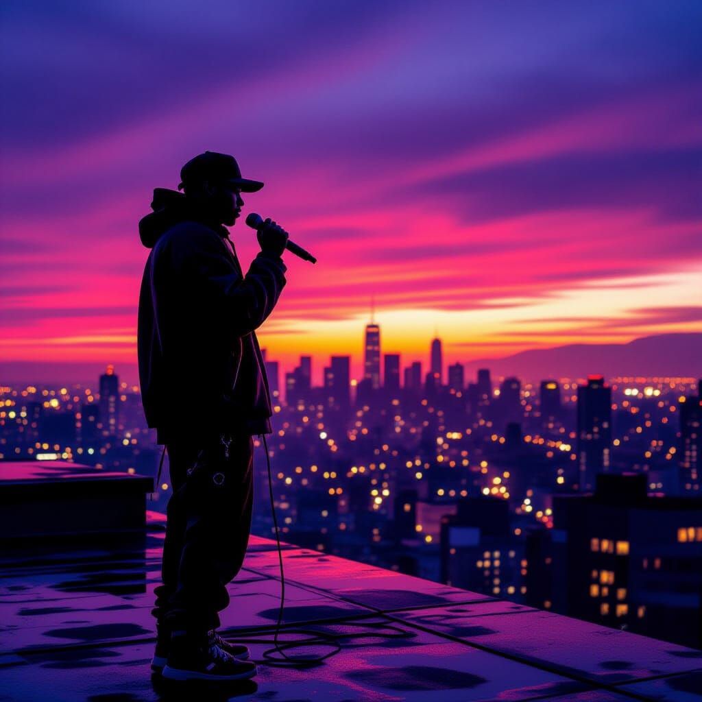 Rapper Silhouette Over Gritty Cityscape at Dusk