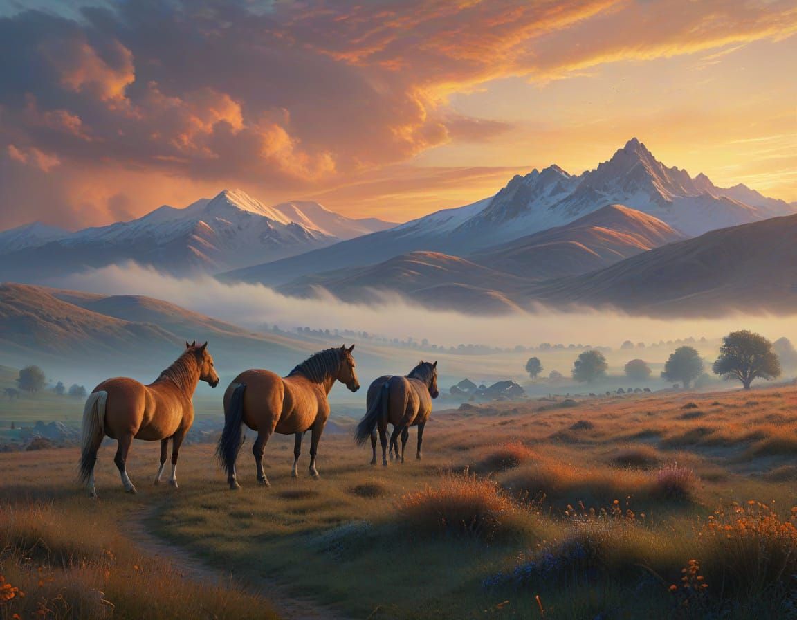Horses and Yurt in Steppe at Sunrise: Fantasy Art