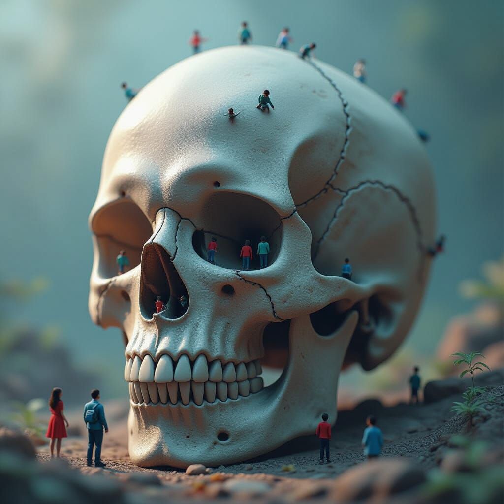 Matte Painting of Skull With Miniature People Inside