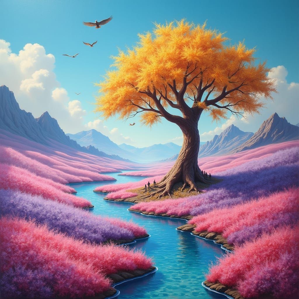 Surreal Flower Field with Floating Mountains