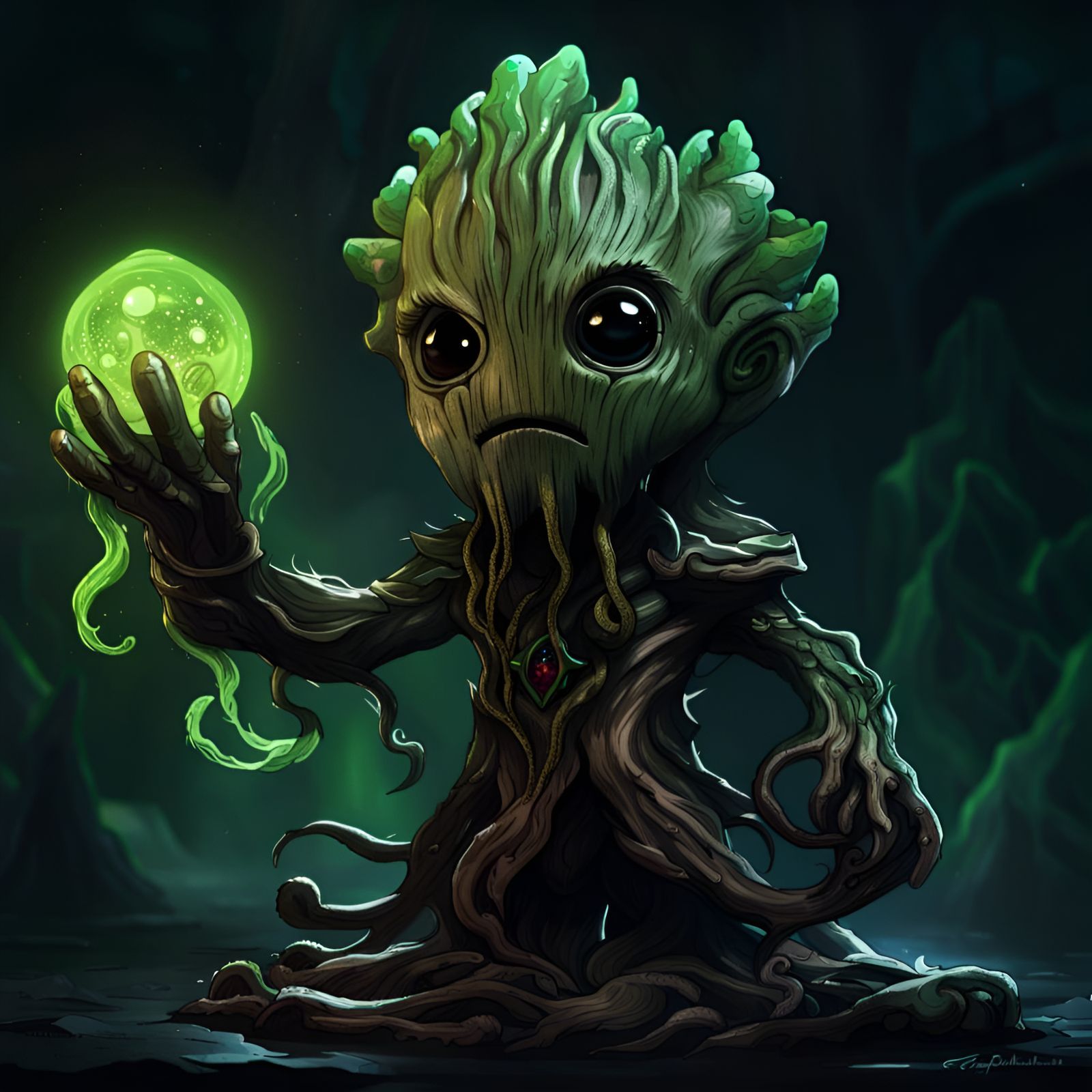 Chibi Groot as Cthulhu: Dark Fantasy Concept Art