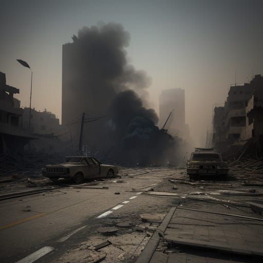 M16 Rifle Silhouette Double Exposure of Ruined City