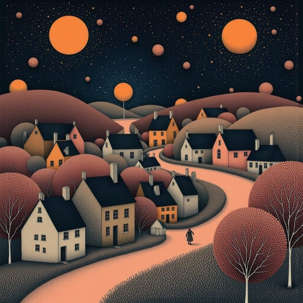 Whimsical Village Under Multiple Moons in Dreamlike Style