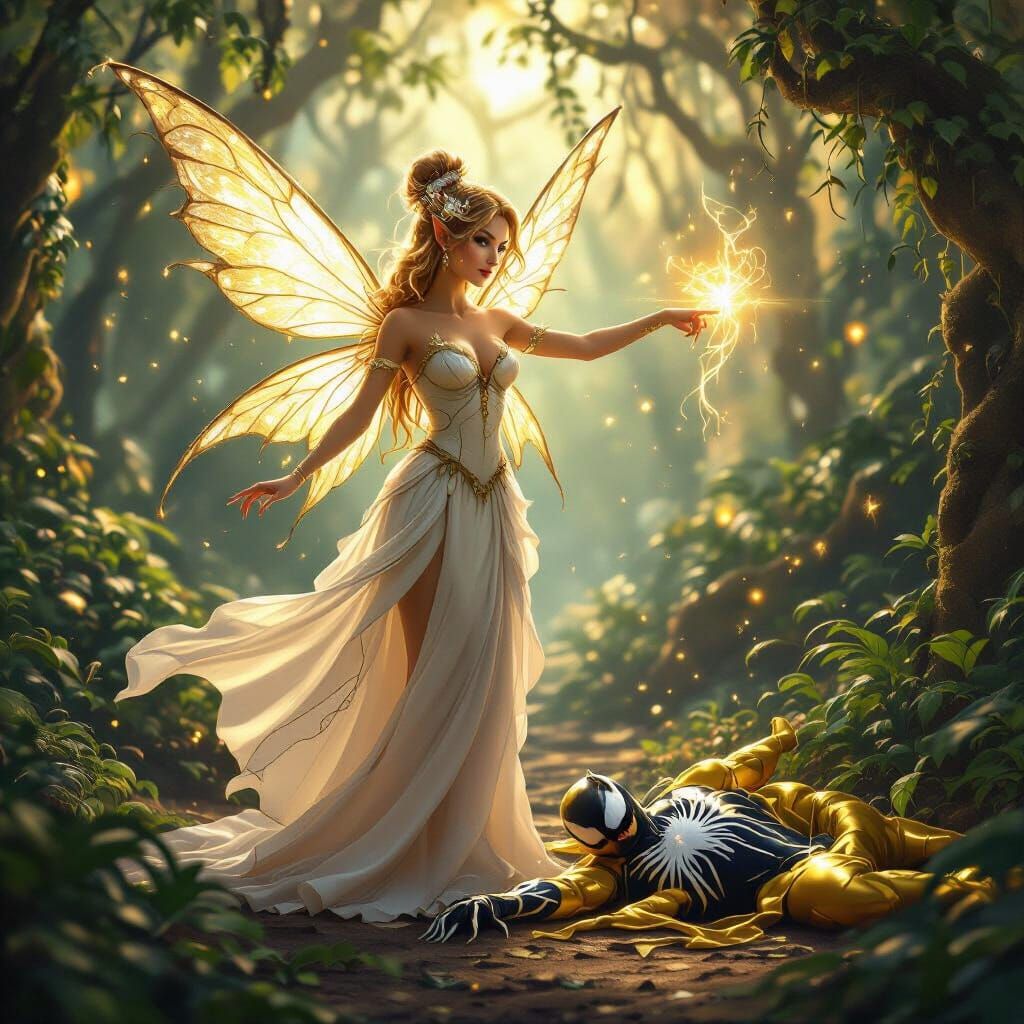 Fairy in Magical Jungle with Glowing Wand