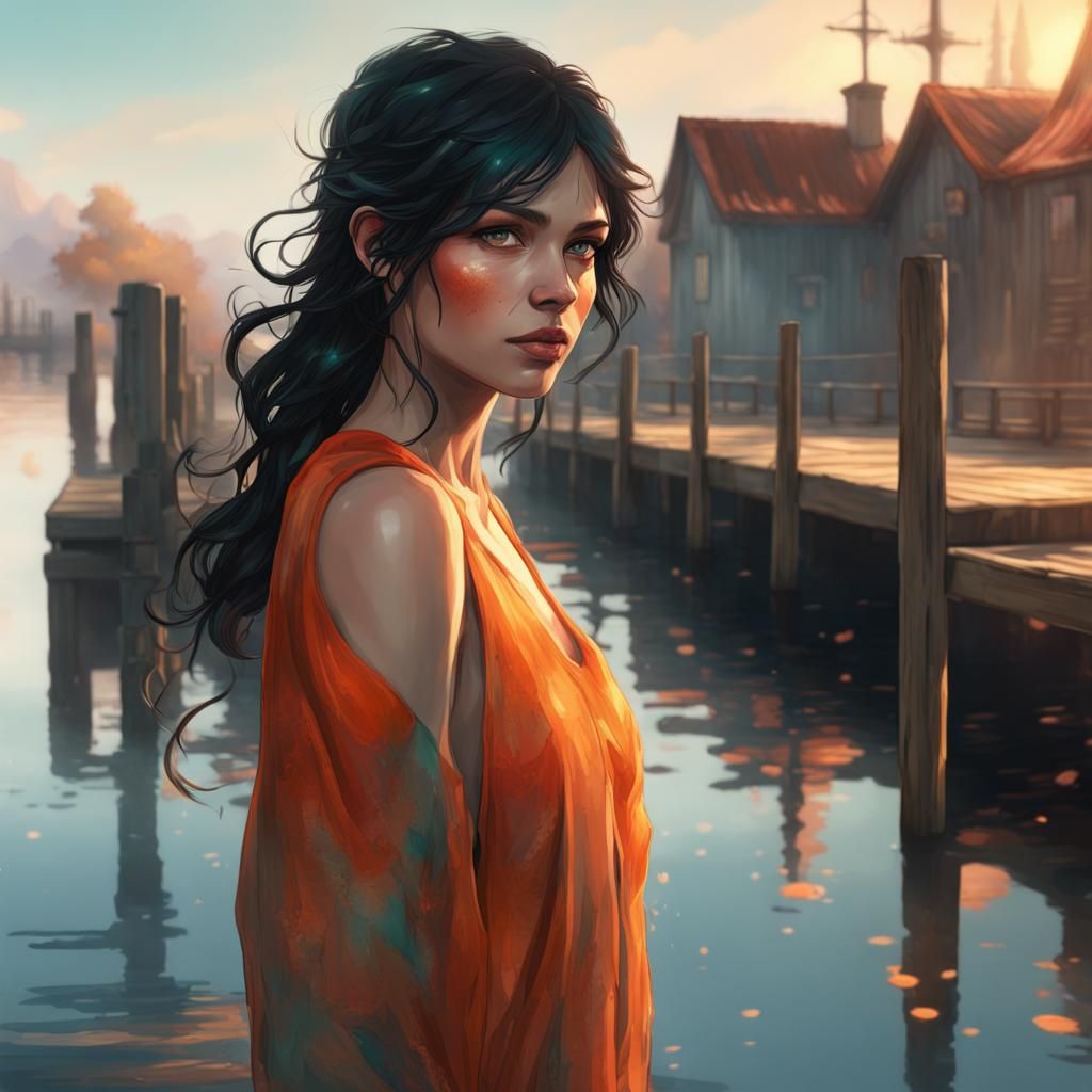 Watercolor Woman with Orange Eyes on Dock
