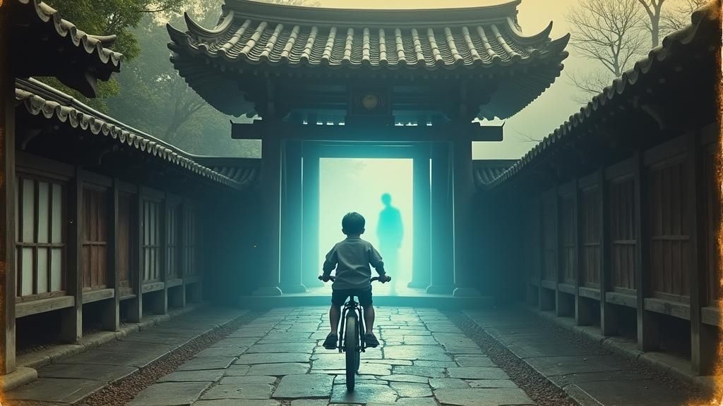 Vintage Japanese Temple Scene with Ghostly Figure