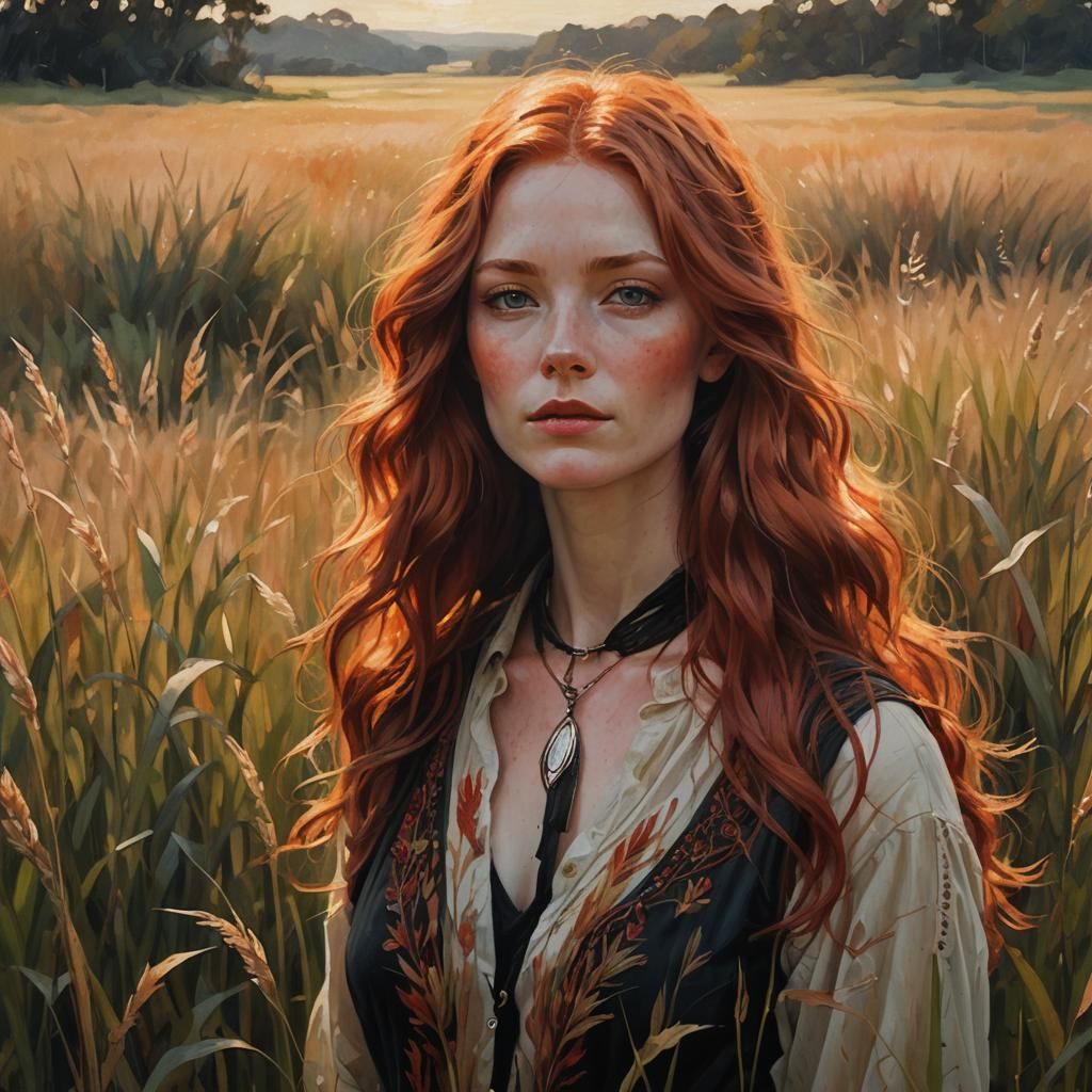 Red-Haired Woman in Field: Impressionist Oil Painting
