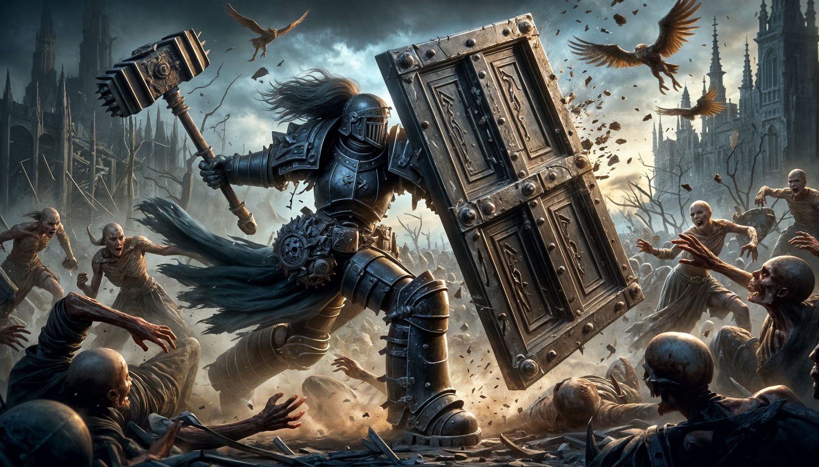 Female Warrior Charges with Shield in Dark Fantasy Battle