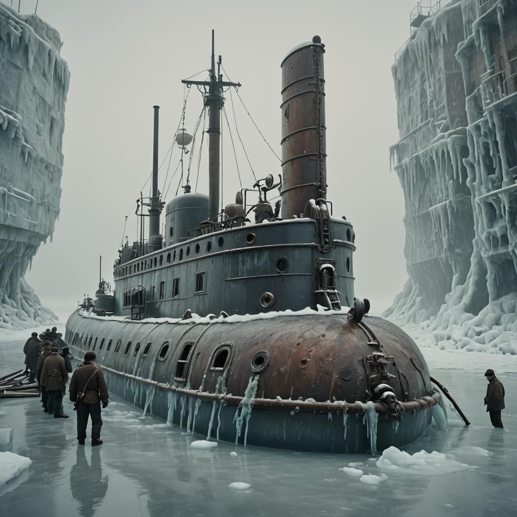 Victorian Submarine Crew Freeing Vessel From Ice