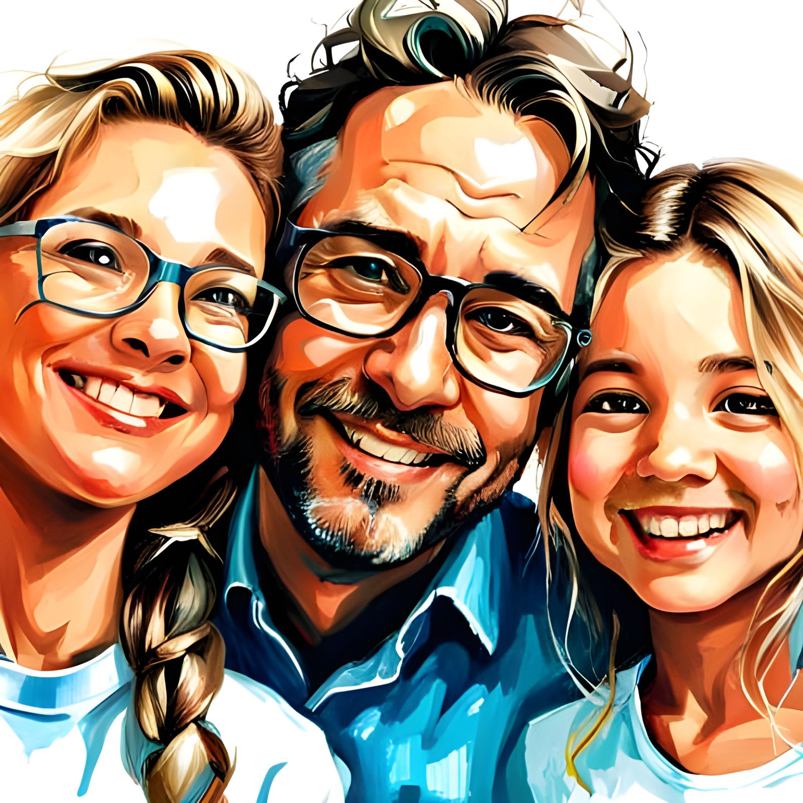 Happy Father with Daughters: Expressive Oil Painting