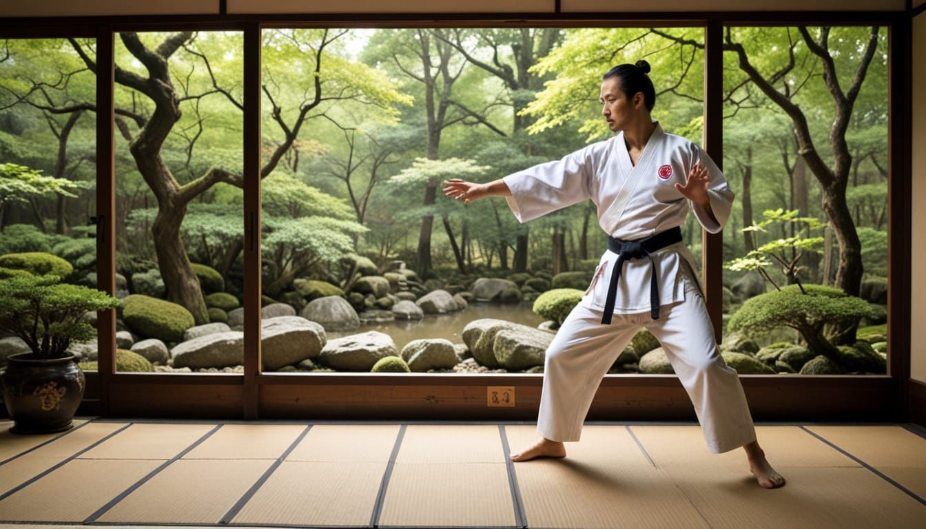 Dynamic Karateka in Dojo with Morning Light