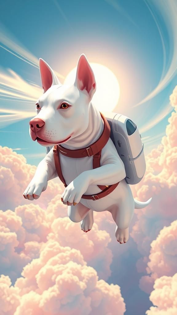 Pitbull Terrier Soaring with Jetpack, Digital Art