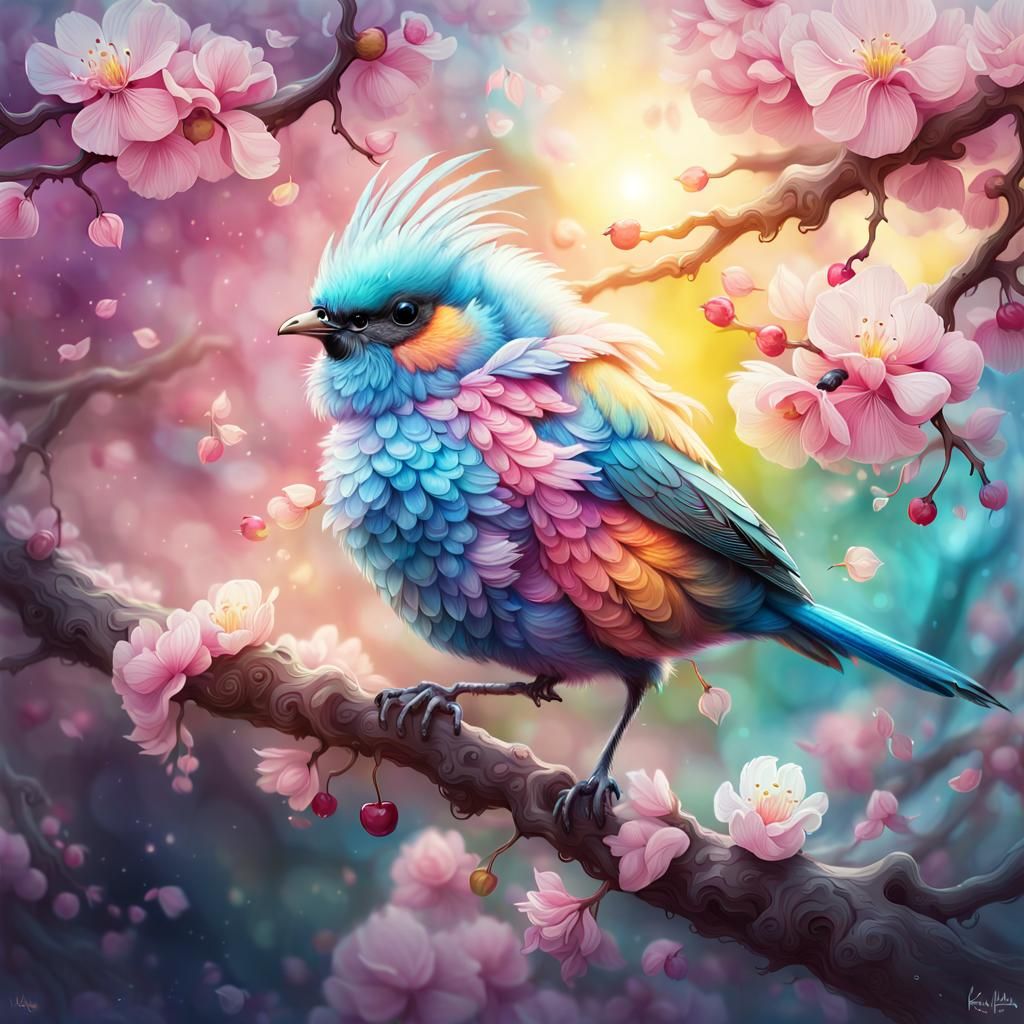 Pastel Bird on Cherry Blossom Branch