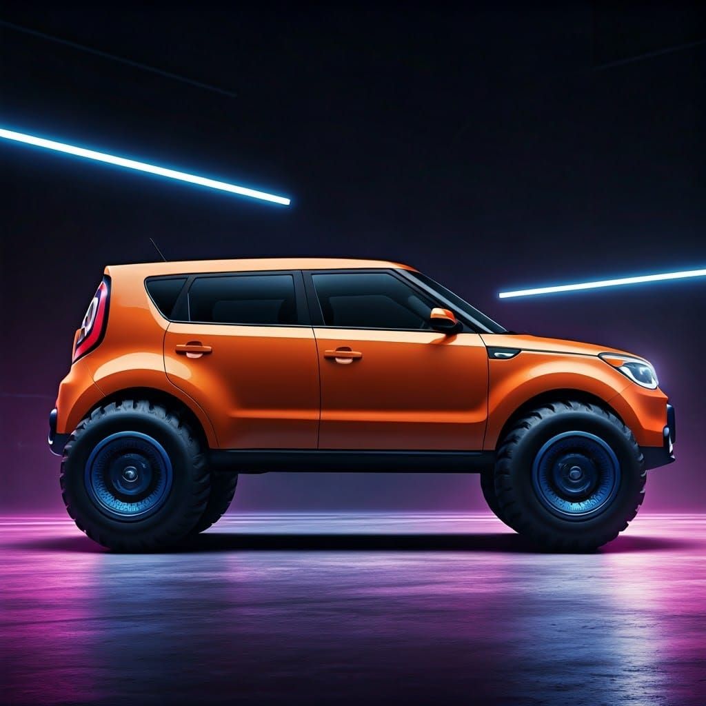 Futuristic Kia Soul Hovercraft in Neon Cityscape