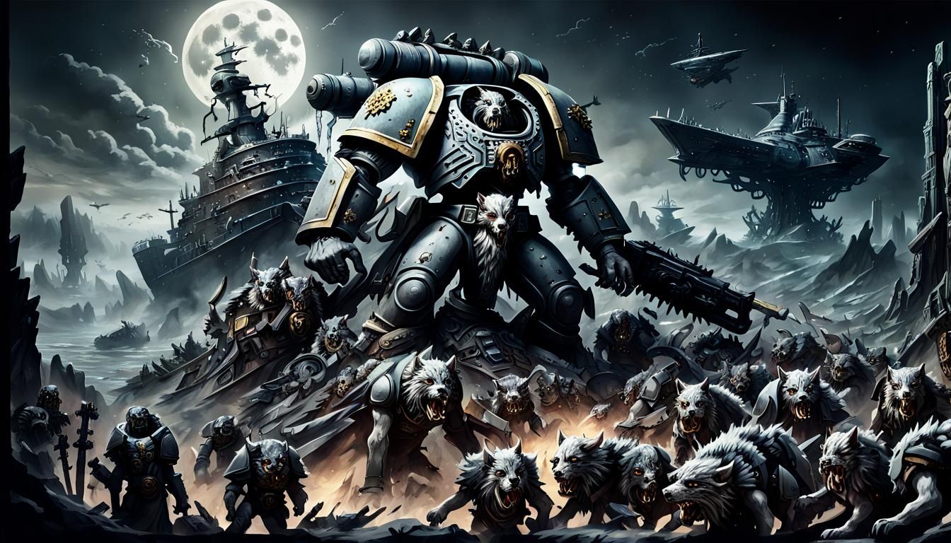 Space Wolf on Mountain of Skulls in Grimdark Future