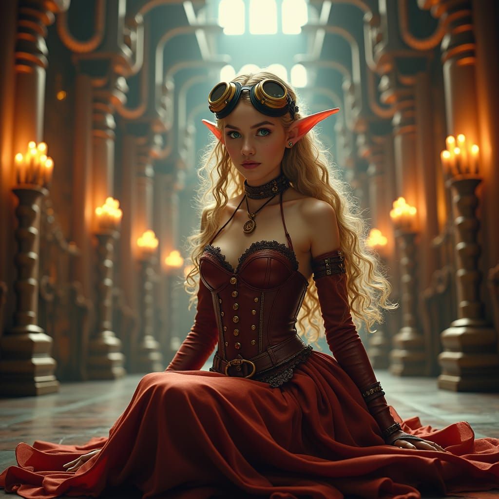 Steampunk Elf Maiden in Opulent Castle Hall