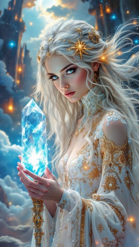 Ethereal Oracle in Celestial Gown with Golden Patterns and G...