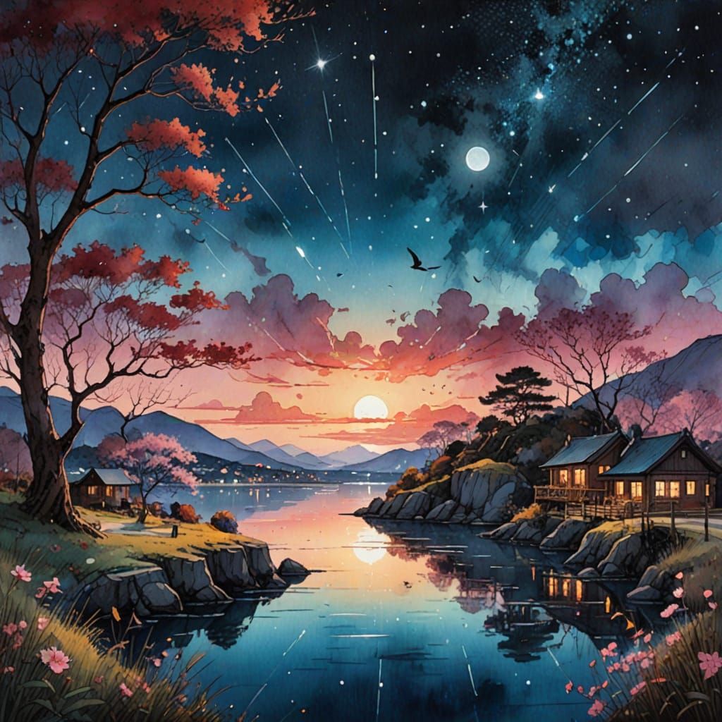 Dreamy Twilight Harbor in Watercolor Style