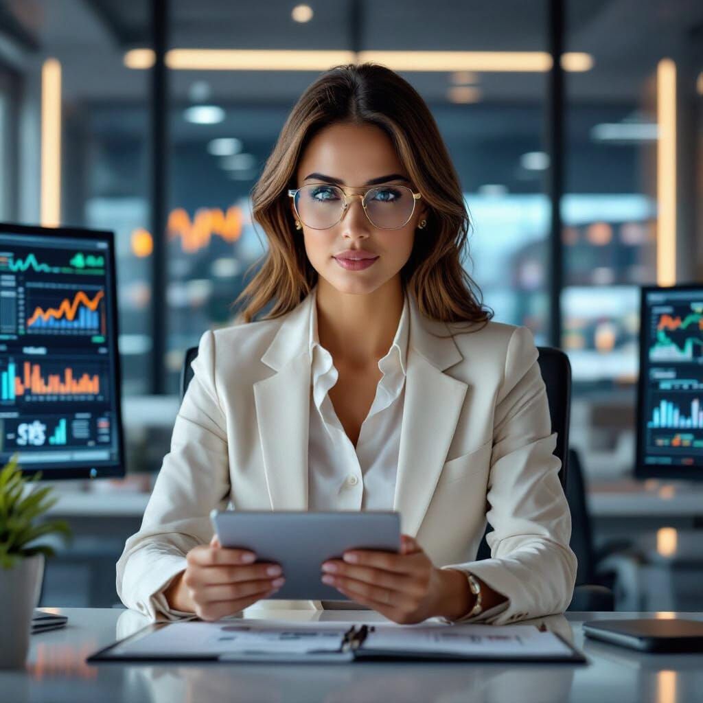 Accountant Reviews Financials in Hyperrealistic Office