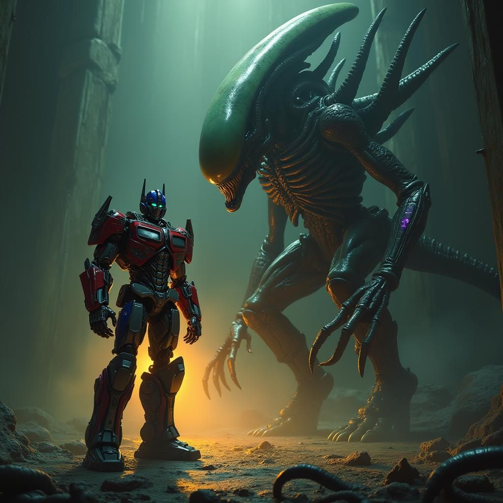 Optimus Prime Confronts a Xenomorph in the Shadows