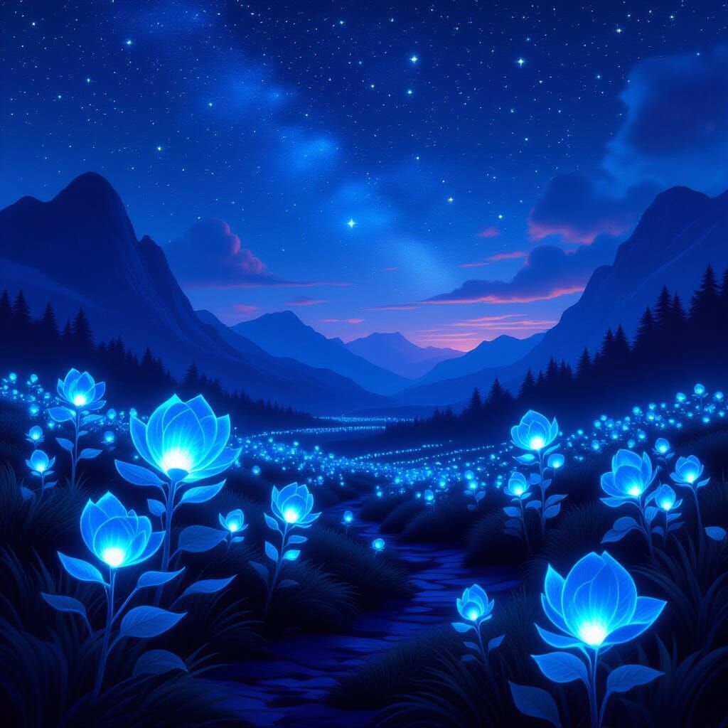 Mystical Bioluminescent Hveaan Under Starry Sky