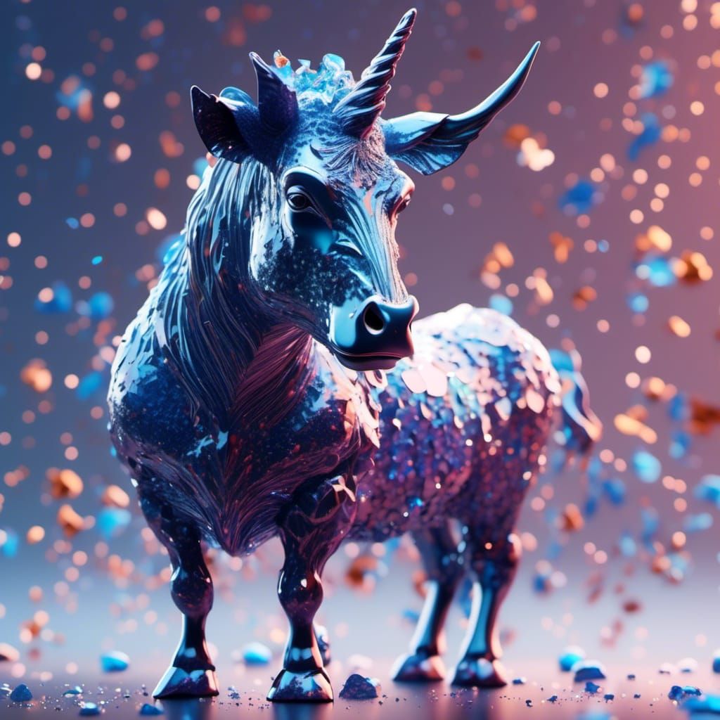 Crystal Unicorn-Cow Hybrid Sculpture in Dark Fantasy Style