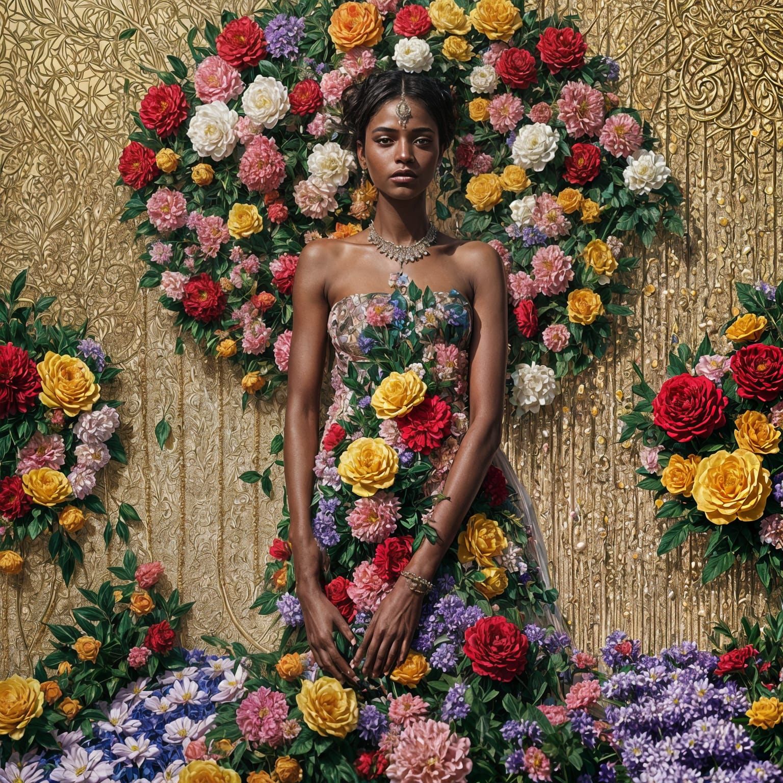 Indian Woman in Floral Dress: Pointillism and Ink Art