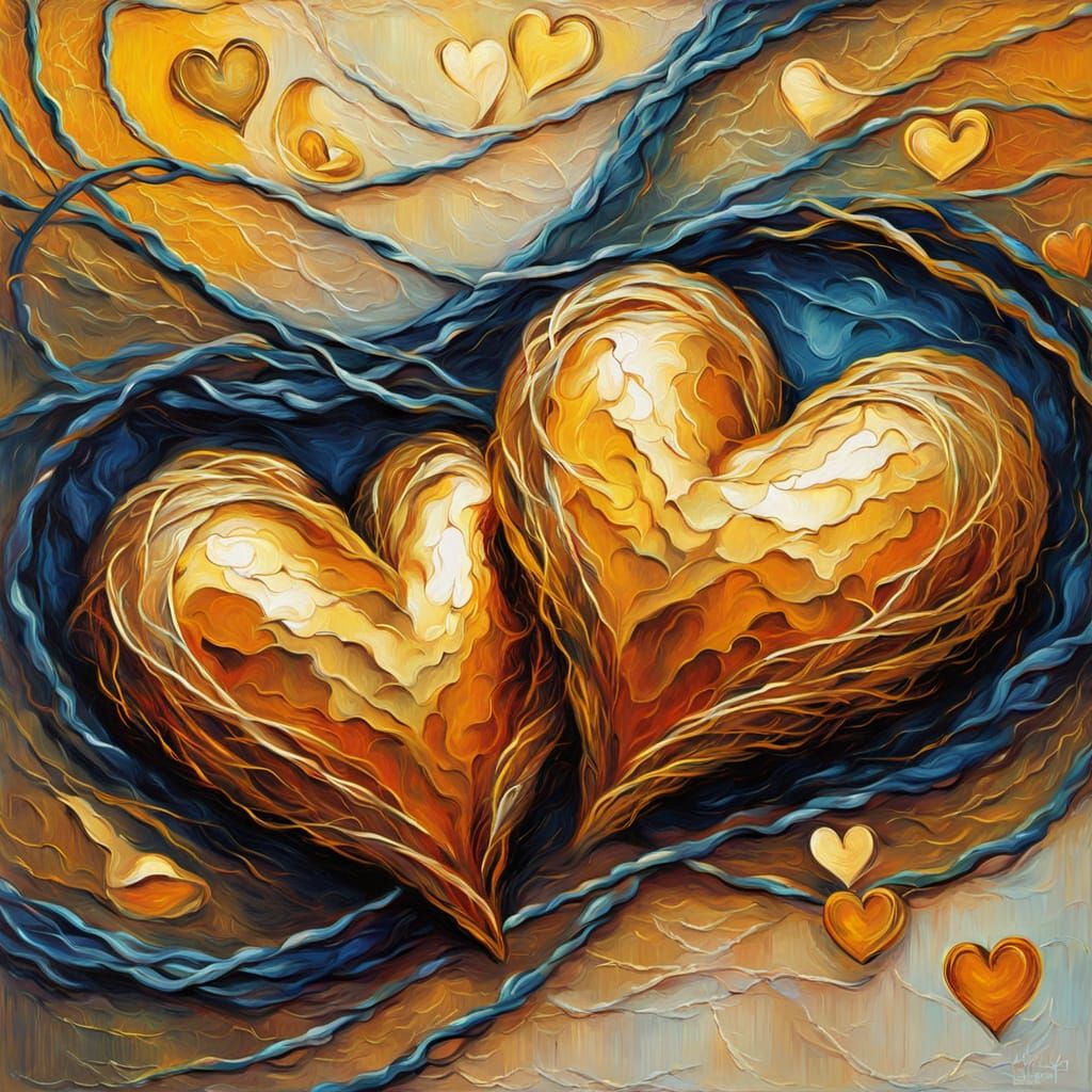 Entwined Hearts in Expressionist Impasto Oil Painting