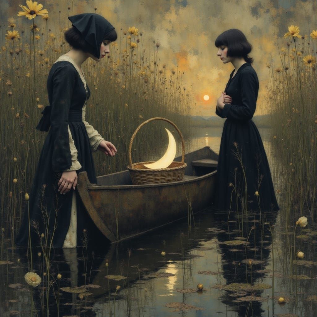 Regal Priestesses Navigate River With Glowing Moon