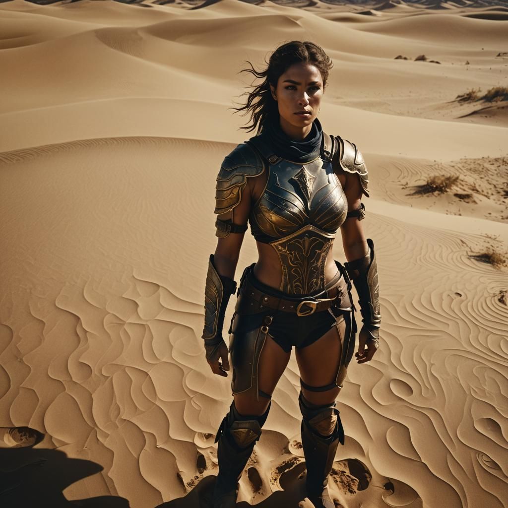 Fierce Desert Warrior in Golden Sands: Cinematic Film Still
